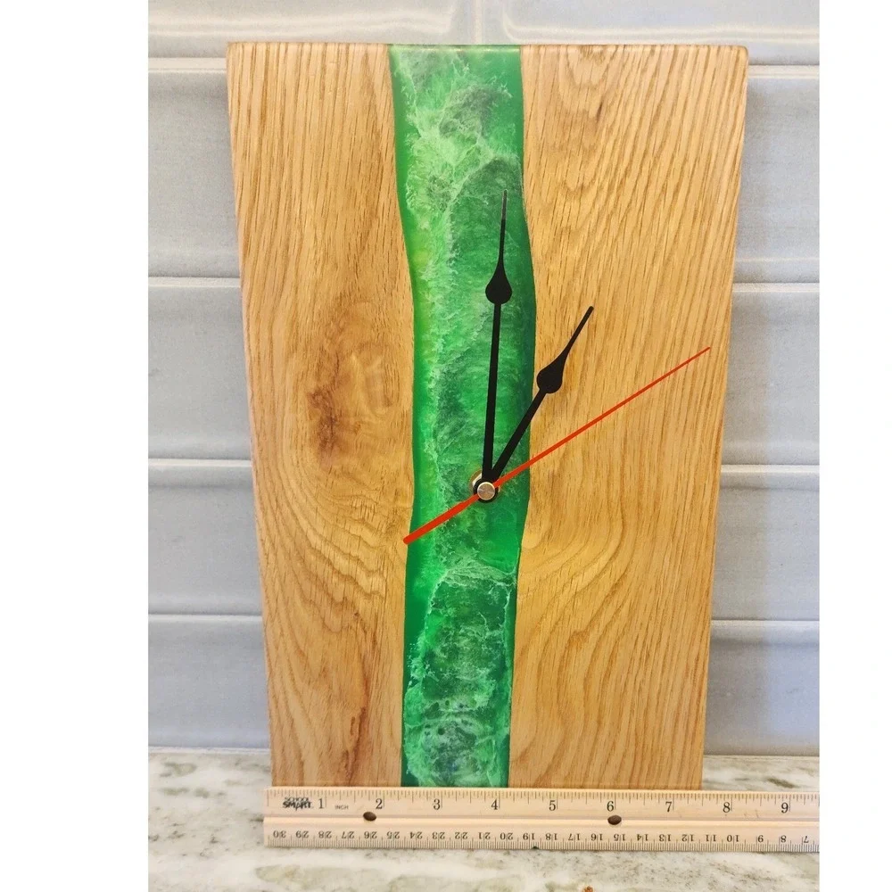 Wood and Green‎ Epoxy Resin Wall Clock or Shelf Clock, Modern Home Decor